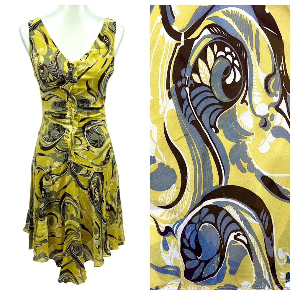 Vintage BCBG Maxazria Y2K Chartreuse Psychedelic Paisley Silk Art Deco Dress